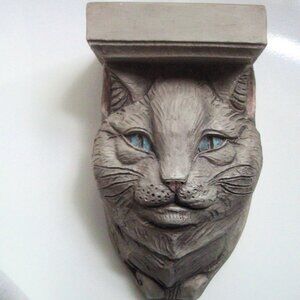 Artist TELLE M. STEIN Blue-Eyed Cat Feline Face 3D Wall Shelf Whimsical Decor
